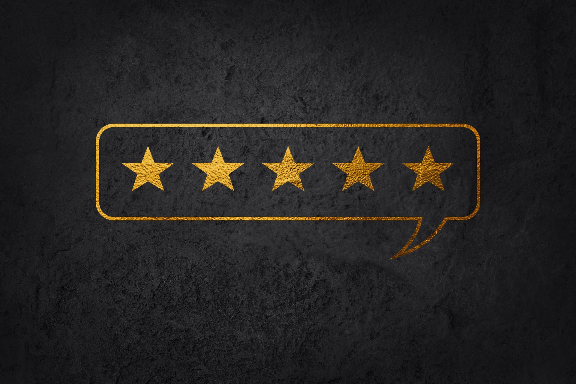 Five gold stars on black background in a speech bubble.